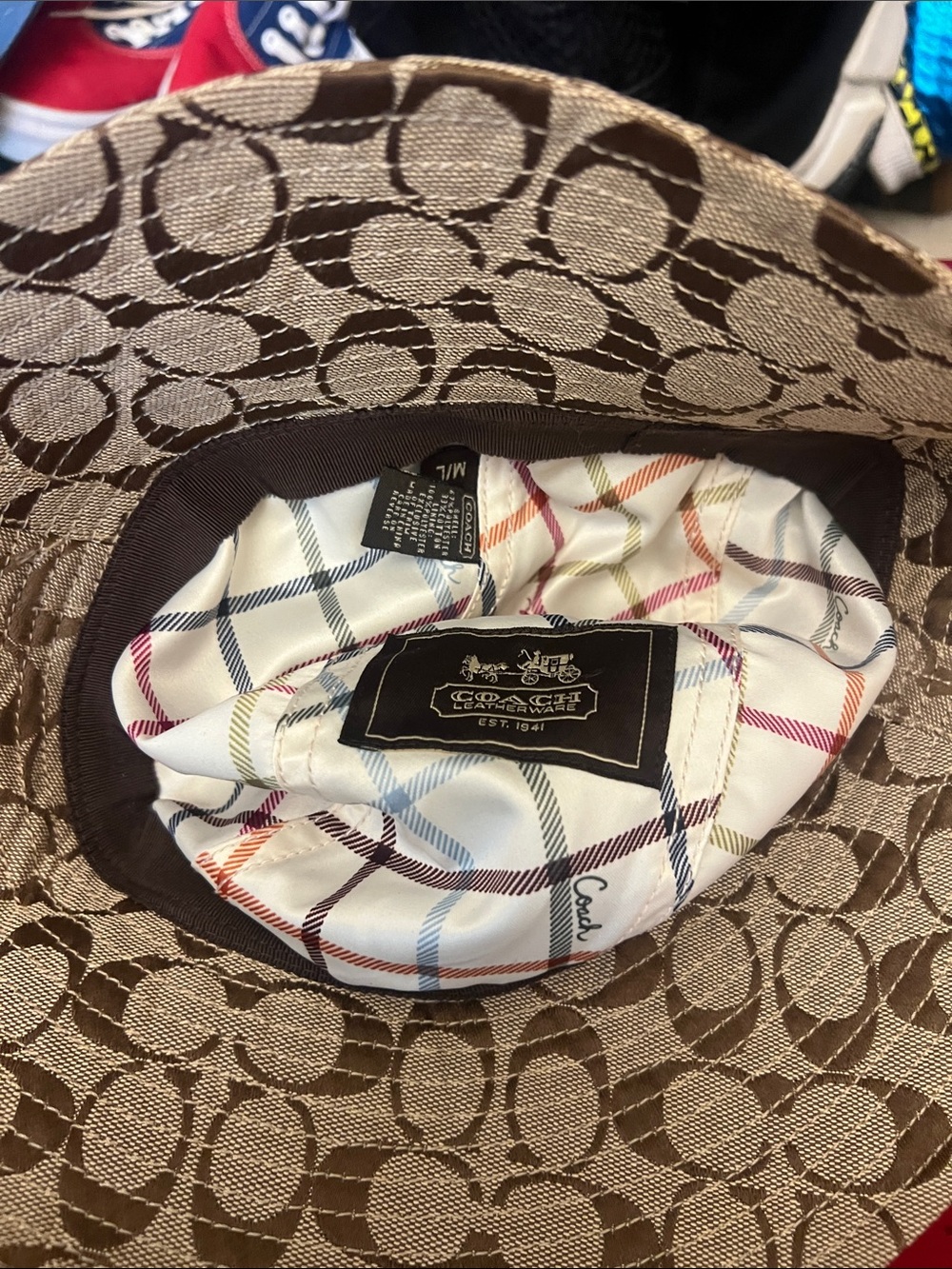 Coach Brown Signature Jacquard Bucket Hat with Plaid Lining